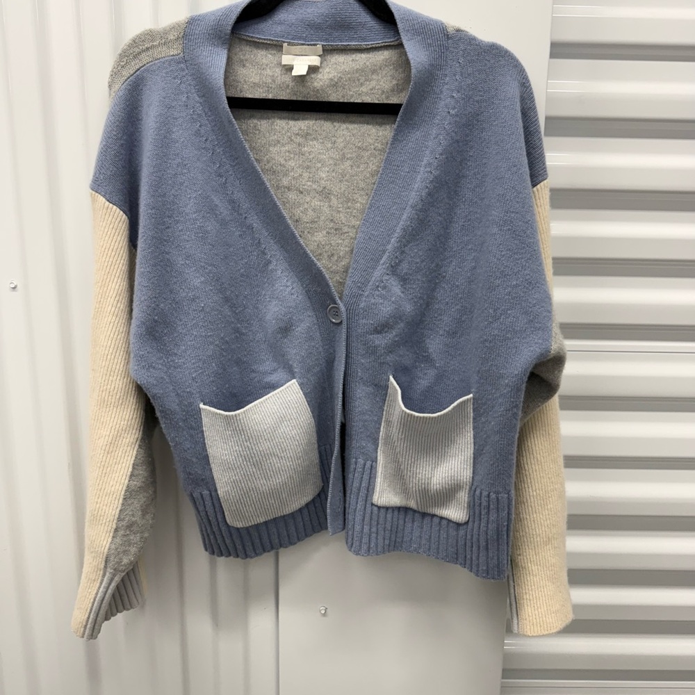 Colorblock Sweater Cos cashmere cardigan blue cream gray v neck oversized knit - Picture 3 of 8